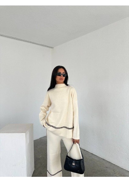 Kadın Şeritli Dik Yaka Uzun Kazak Geniş Paça Pantolon Rahat Triko Takım fiyatları