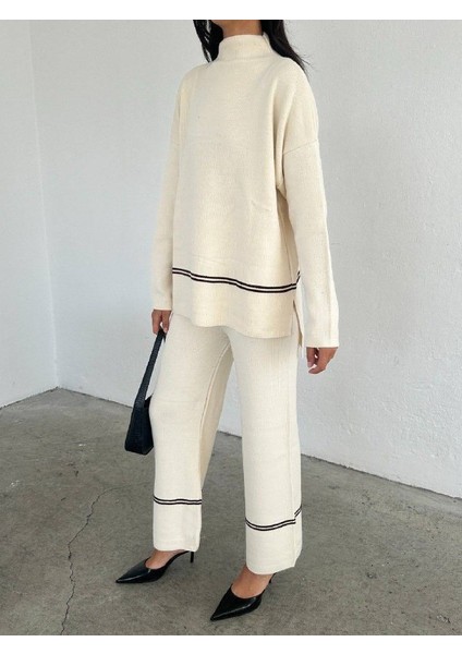 Kadın Şeritli Dik Yaka Uzun Kazak Geniş Paça Pantolon Rahat Triko Takım modelleri