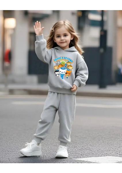 Punıx Kıds Yüksek Kalite Octonauts Baskılı Kapüşonlu Kışlık Kalın 3 Iplik Kızçocuk Eşofman Takımı