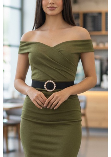 Pınkmark Kadın Gümüş Kaplamalı Inci Taşlı 4cm Genişlik Ayarlanabilir Lastik Kemer PMKM25717