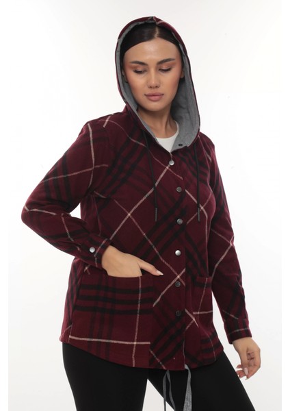 Büyük Beden Rahat Kalıp Kapüşonlu Oduncu Kadın Gömlek Hırka