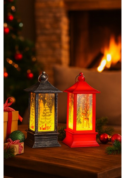 biton led ışıklı noel feneri 2’li set – çam ağacı & bambi temalı dekoratif yılbaşı lambası 14 cm modelleri
