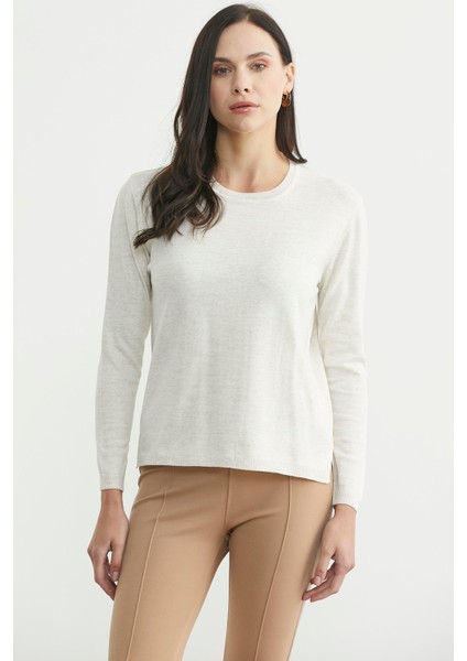 Sıfır Yaka Arkası Uzun Triko Kazak - Kemik