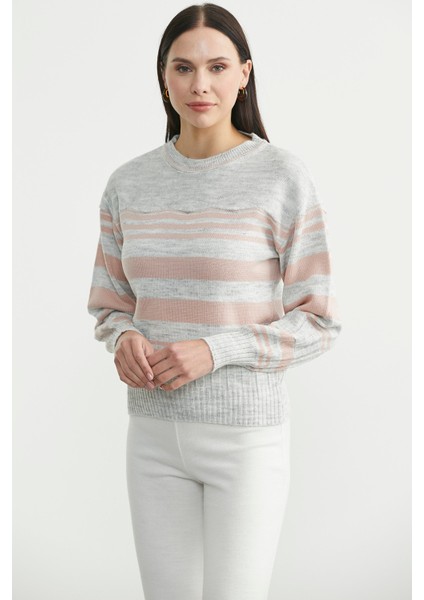 Çizgili Yünlü Triko Kazak - Açık Gri