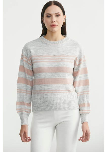 Çizgili Yünlü Triko Kazak - Açık Gri fiyatları