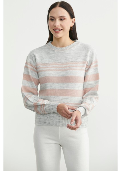 Çizgili Yünlü Triko Kazak - Açık Gri modelleri