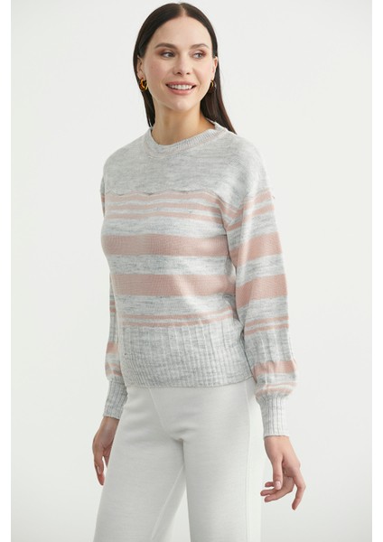 Çizgili Yünlü Triko Kazak - Açık Gri fırsatları