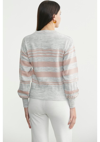 Çizgili Yünlü Triko Kazak - Açık Gri indirimleri