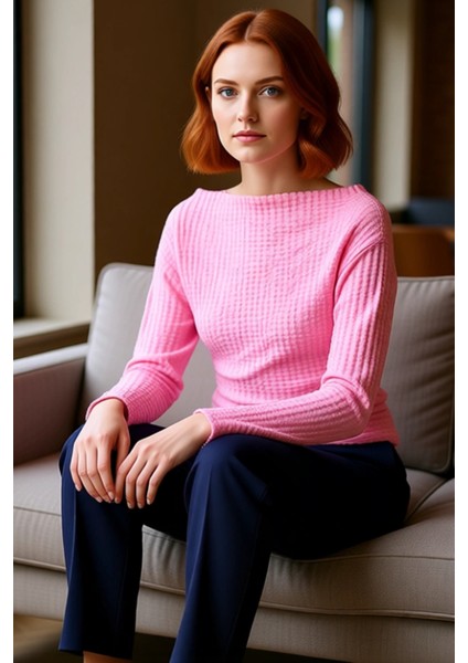 Kadın Asimetrik Kesim Kayık Yaka Büzgülü Gofre Örme Üst Kaliteli Şık Rahat Modern Zarif Günlük