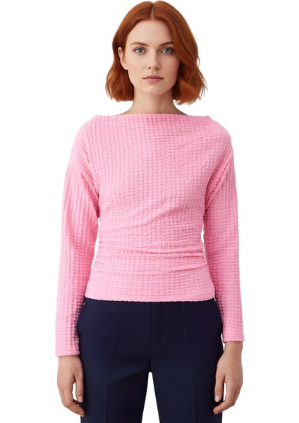 Kadın Asimetrik Kesim Kayık Yaka Büzgülü Gofre Örme Üst Kaliteli Şık Rahat Modern Zarif Günlük fiyatları