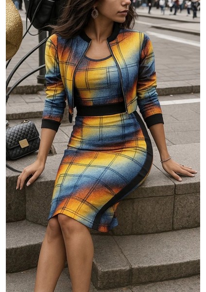 Mdb Kadın Uzun Kollu Askılı Yuvarlak Yaka Desenli Dalgıç Bluz Ceket ve Etek Üçlü Takım