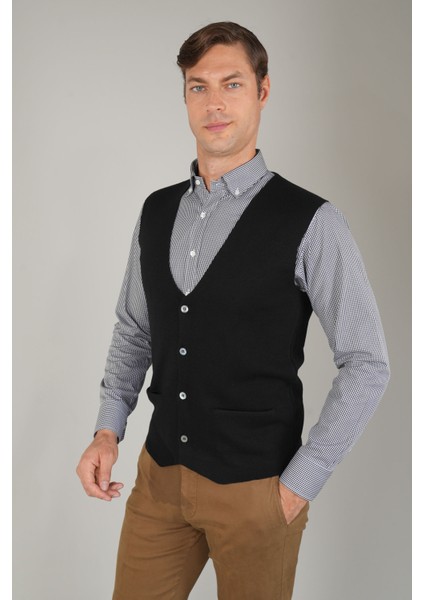 Siyah Düz Triko Yün Erkek Yelek TRYL24K24203_D99