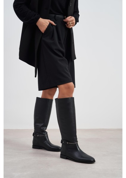 Melenia Siyah Mat Hakiki Deri Kalın Topuk Metal Aksesuarlı Kadın Biker Çizme fiyatları