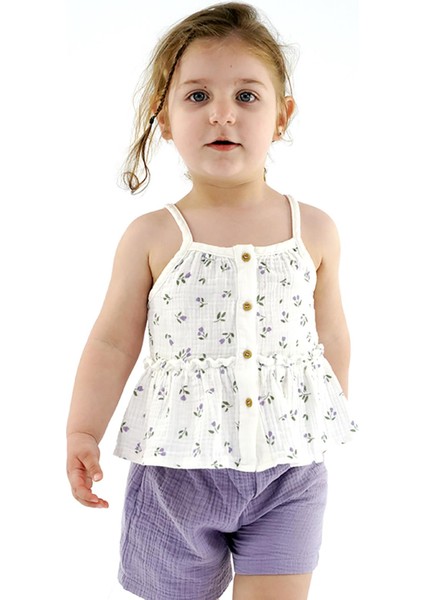 KD43049 Müslin Ip Askılı Bluz Şort Takım 3-6/6-9/9-12/18-24 Ay