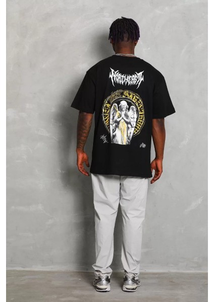 Unisex Oversize Baskılı Bisiklet Yaka T-Shirt - Siyah fırsatları