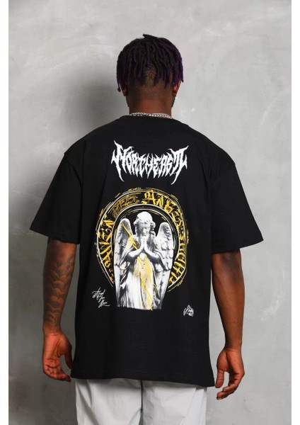 Unisex Oversize Baskılı Bisiklet Yaka T-Shirt - Siyah indirimleri