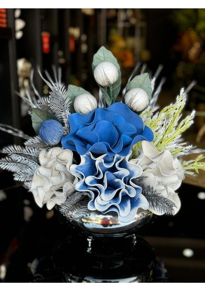 Yapay Çiçek Aranjmanlı Gümüş Yassı Vazo No:16