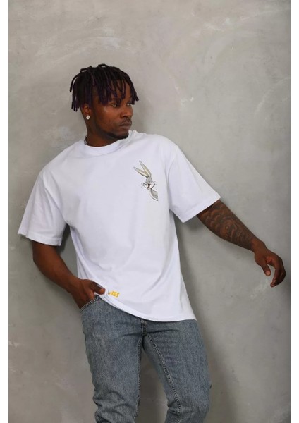 Unisex Oversize Baskılı Bisiklet Yaka T-Shirt - Beyaz