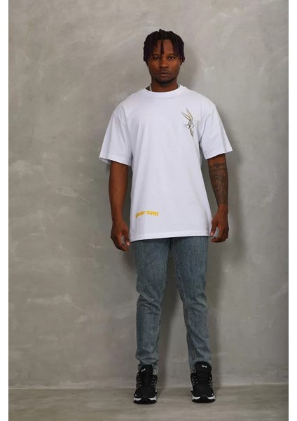 Unisex Oversize Baskılı Bisiklet Yaka T-Shirt - Beyaz modelleri