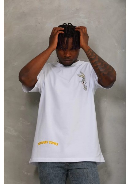 Unisex Oversize Baskılı Bisiklet Yaka T-Shirt - Beyaz fırsatları