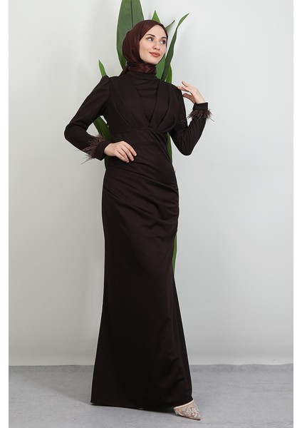 Kolu Tüylü Pile Detay Elbise Acı Kahve