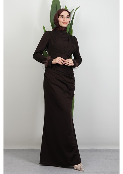 Kolu Tüylü Pile Detay Elbise Acı Kahve fiyatları