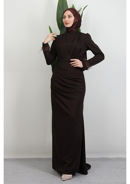 Kolu Tüylü Pile Detay Elbise Acı Kahve modelleri