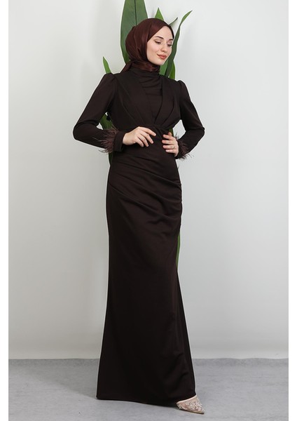 Kolu Tüylü Pile Detay Elbise Acı Kahve fırsatları