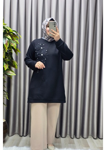 Kadın Giyim Büyük Beden Modal Çiçek Aplik Tunik