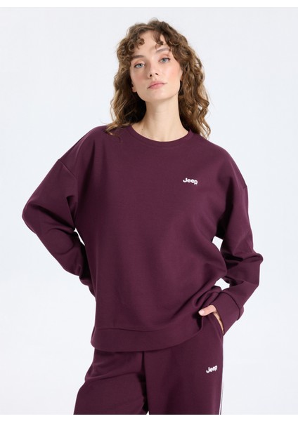 Bisiklet Yaka Baskılı Mürdüm Kadın Sweatshırt J5WL-SWT7089