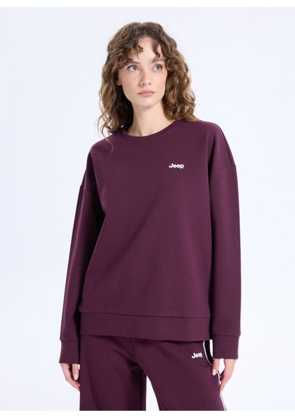 Bisiklet Yaka Baskılı Mürdüm Kadın Sweatshırt J5WL-SWT7089 fırsatları