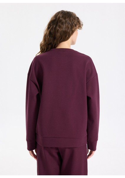 Bisiklet Yaka Baskılı Mürdüm Kadın Sweatshırt J5WL-SWT7089