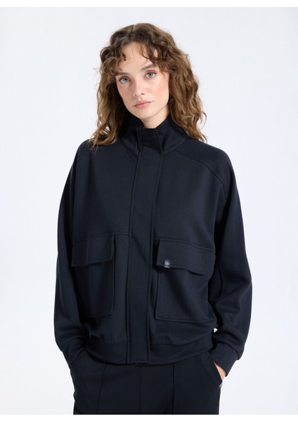 Kapüşon Yaka Düz Siyah Kadın Sweatshırt J5WL-SWT7148