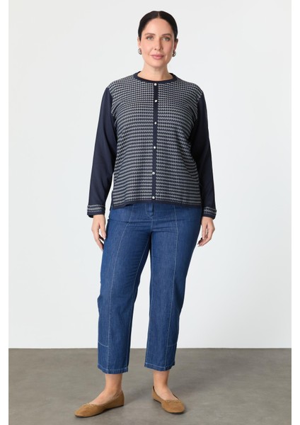 Büyük Beden Kazayağı Desenli Triko Hırka-Lacı fiyatları