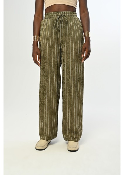 Kadın Beli Lastikli Bol Paça Çizgili Desenli Haki Renk Pantolon