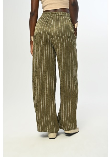 Kadın Beli Lastikli Bol Paça Çizgili Desenli Haki Renk Pantolon modelleri
