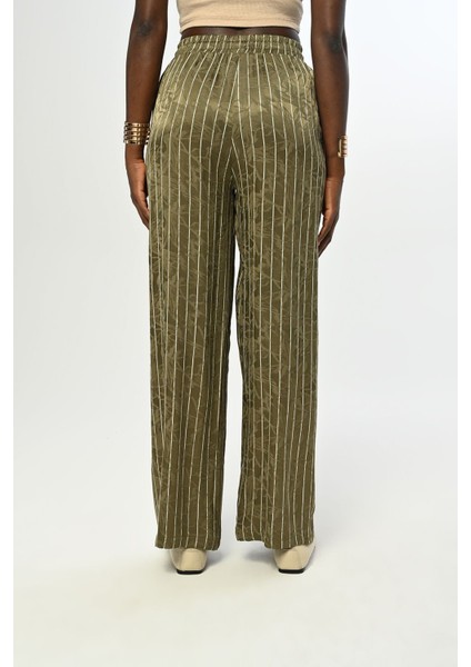 Kadın Beli Lastikli Bol Paça Çizgili Desenli Haki Renk Pantolon fırsatları