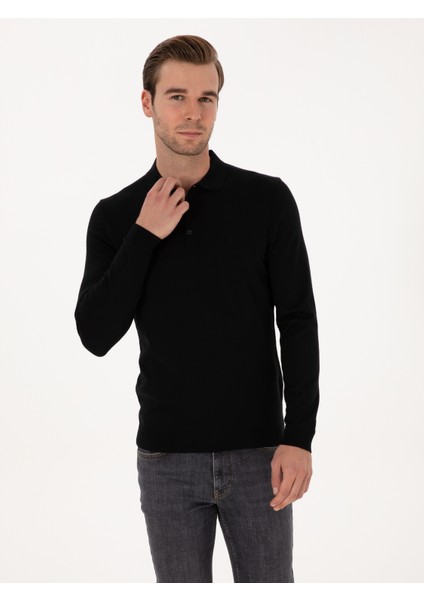 Erkek Siyah Slim Fit Yün Karışımlı Polo Yaka Basic Triko Kazak 50315267-VR046