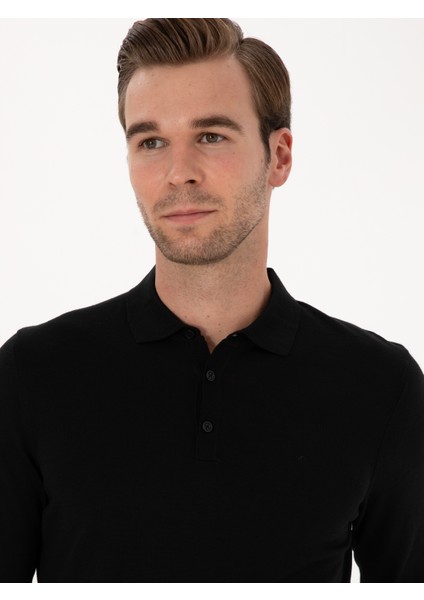 Erkek Siyah Slim Fit Yün Karışımlı Polo Yaka Basic Triko Kazak 50315267-VR046 fiyatları