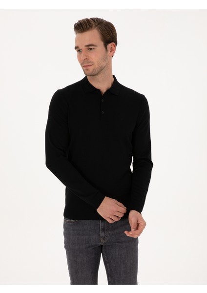 Erkek Siyah Slim Fit Yün Karışımlı Polo Yaka Basic Triko Kazak 50315267-VR046 modelleri