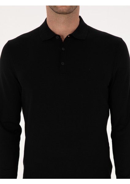 Erkek Siyah Slim Fit Yün Karışımlı Polo Yaka Basic Triko Kazak 50315267-VR046