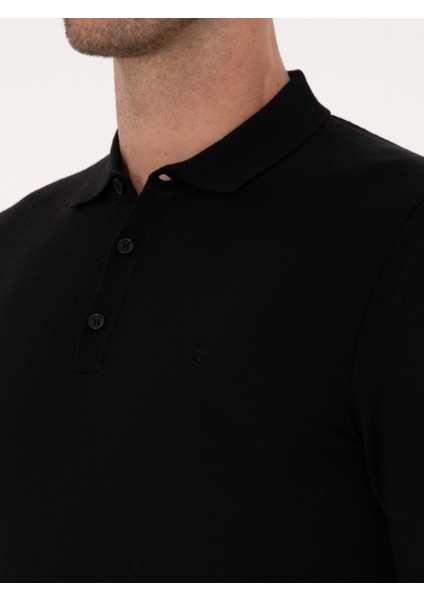 Erkek Siyah Slim Fit Yün Karışımlı Polo Yaka Basic Triko Kazak 50315267-VR046