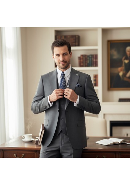 Erkek Takım Elbise, Kırlangıç Yaka, Blazer, Slımfıt, Gri