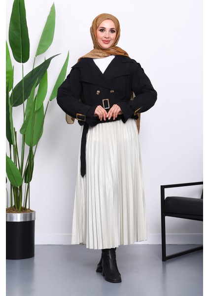 Siyah Kruvaze Yaka Kemerli Kısa Trençkot fiyatları