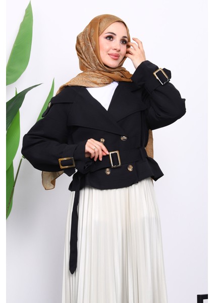 Siyah Kruvaze Yaka Kemerli Kısa Trençkot modelleri