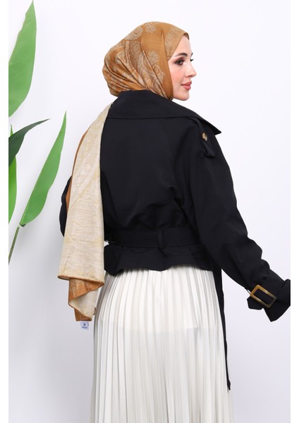 Siyah Kruvaze Yaka Kemerli Kısa Trençkot fırsatları