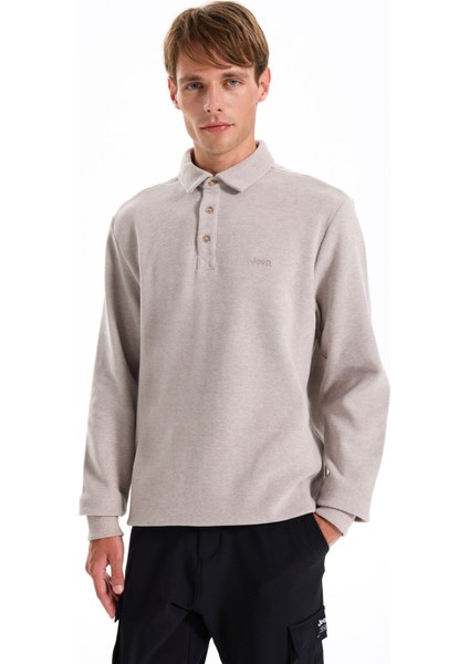 Polo Yaka Düz Koyu Bej Erkek Sweatshırt J5WM-SWT7223