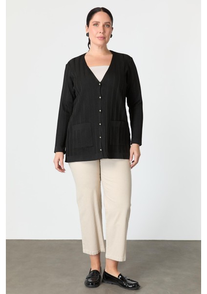 Büyük Beden Kendinden Desenli Triko Hırka-Siyah