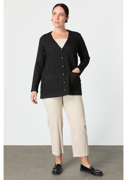 Büyük Beden Kendinden Desenli Triko Hırka-Siyah fiyatları