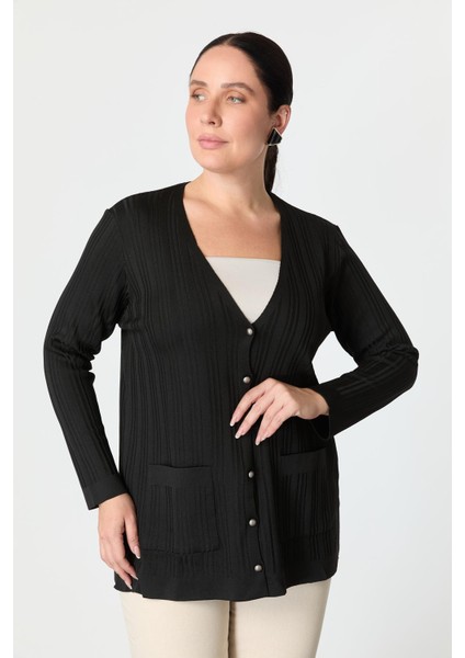 Büyük Beden Kendinden Desenli Triko Hırka-Siyah modelleri